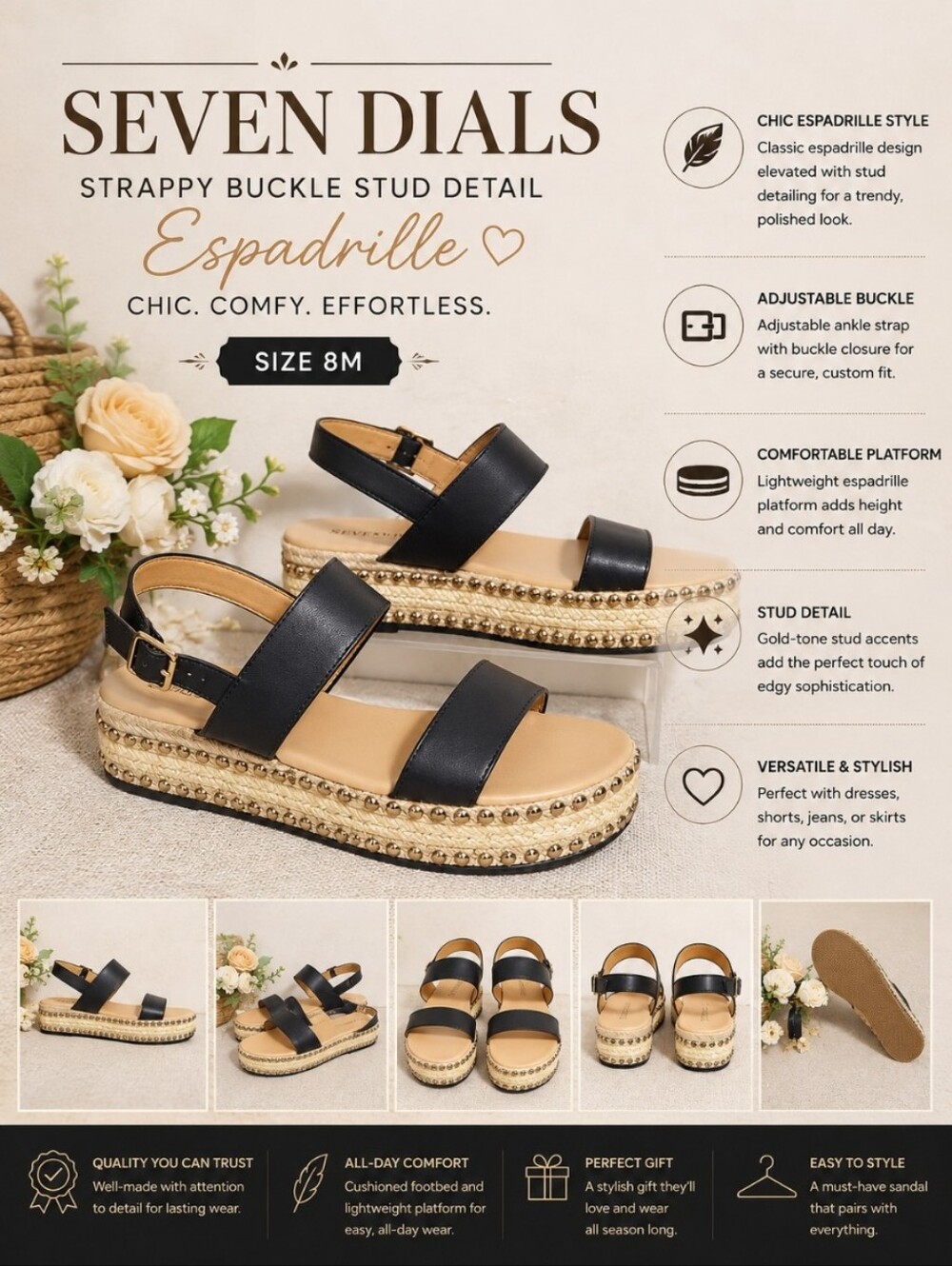 SEVEN DIALS Strappy Buckle Stud Detail Espadrille 8M
